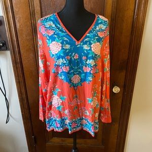 tolani collection tunic blue and coral, sz 1X